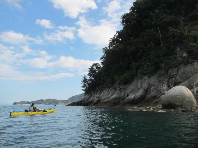 A person is kayaking in a yellow kayak on the ocean near a rocky, tree-covered coastline under a partially cloudy sky.