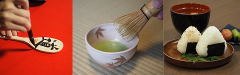 The image shows three panels: writing on a wooden spoon, matcha being whisked in a bowl, and onigiri with miso soup and pickles.